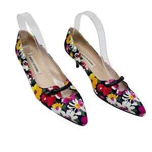 Manolo Blahnik Floral Mary Jane Kitten Heels Pointed Toe Pumps Size 37.5